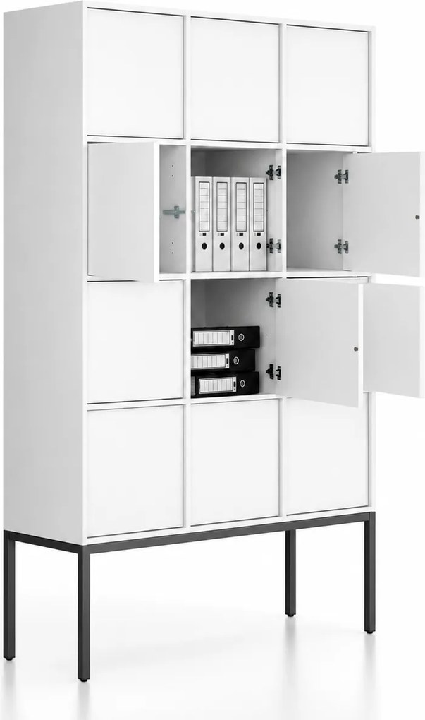Szafa biurowa FRAME, czarna podstawa, 12x drzwi, 1299 x 450 x 2185 mm, PUSH-lock, biały
