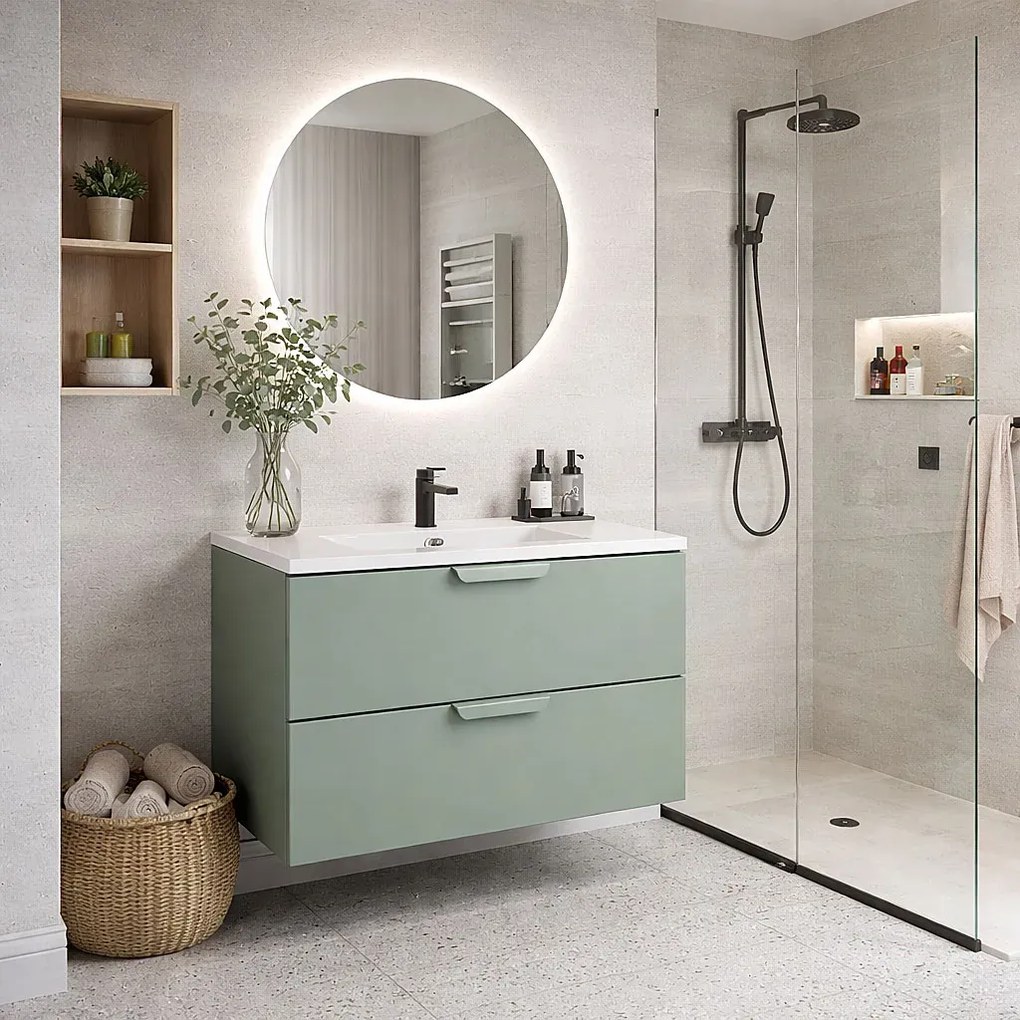 Zielona wisząca szafka łazienkowa z umywalką N8-A89