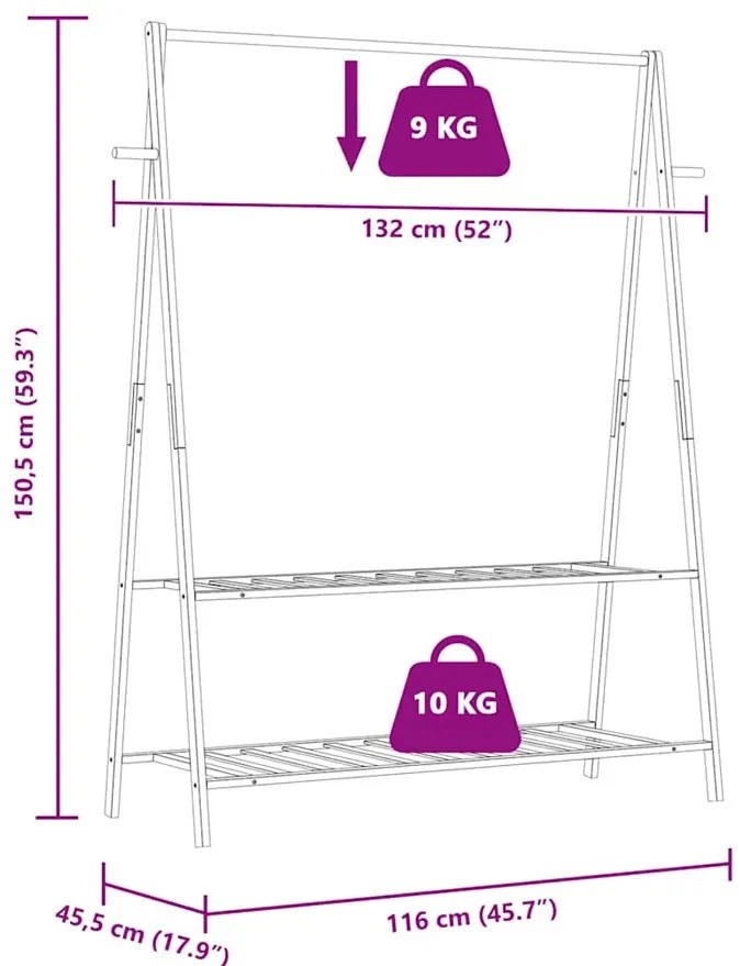 Wieszak bambusowy na kółkach z 2 półkami 132cm D6-Z58