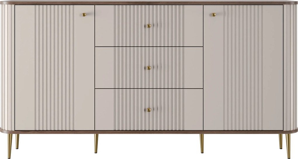 Komoda Vesper 160 cm z szufladami na nóżkach - kaszmir / orzech / złote nogi