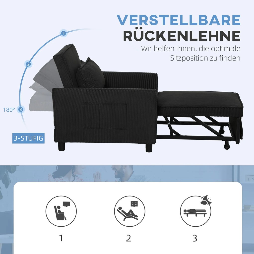 HOMCOM Rozkładany fotel, regulowany, 3 pozycje, Pokrycie z sztruksu, do 120 kg, Czarny