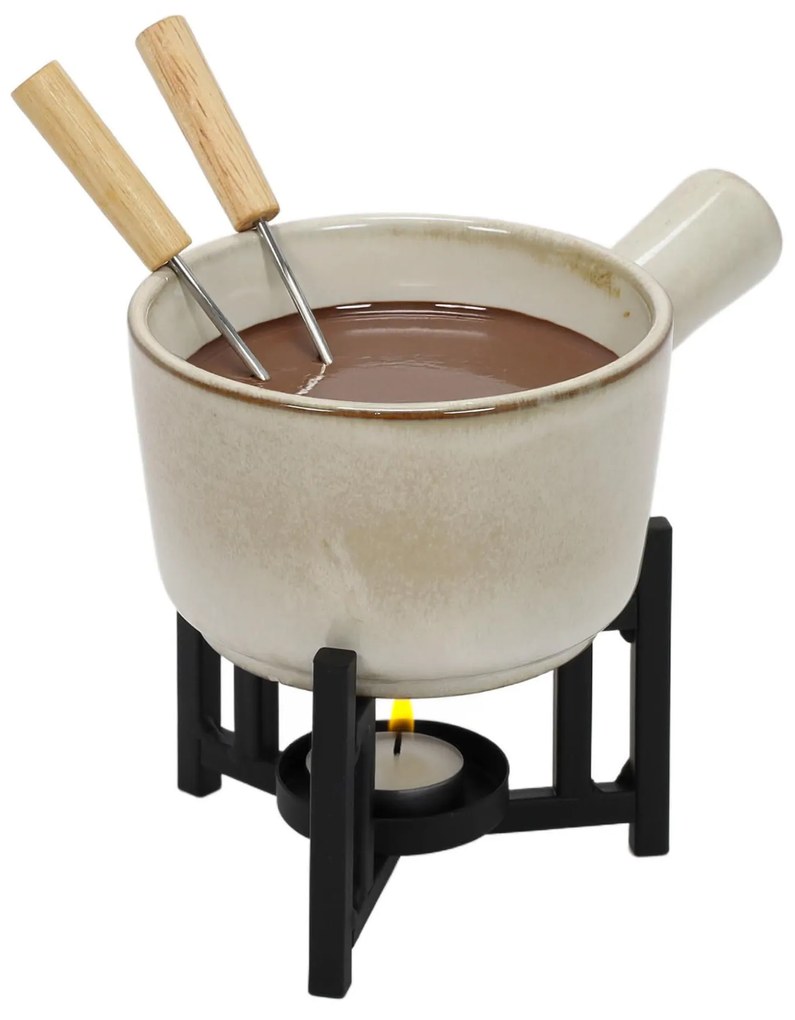 Zestaw do fondue serowego, rondelek z porcelany, 2 widelce