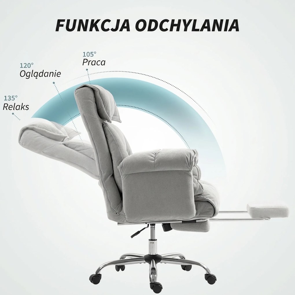 HOMCOM Fotel biurowy odchylany Regulacja wysokości Krzesło biurowe z podłokietnikami podnóżkiem wysokie oparcie 75 x 77 x 110-118 cm Szary | Aosom PL