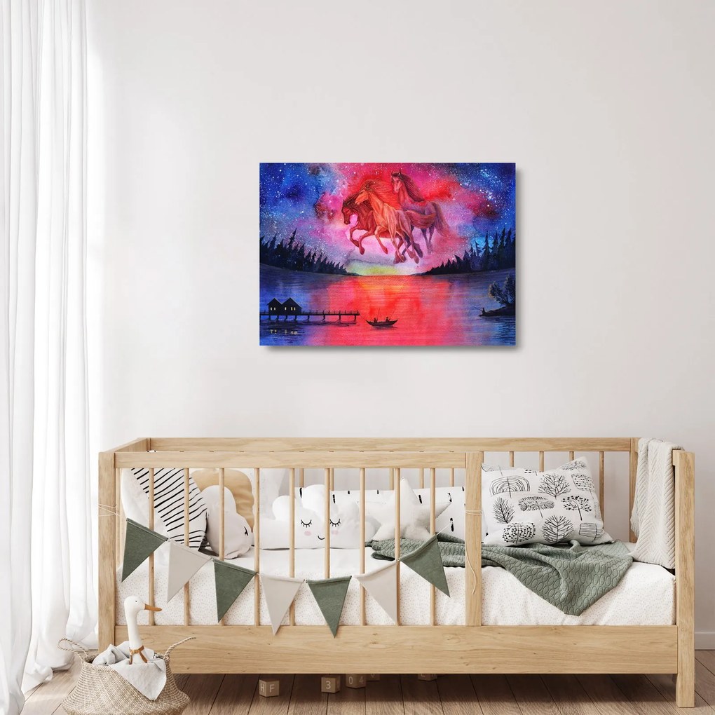 Obraz na szkle - Pojawienie się kosmicznych koni nad jeziorem, akwarela (70x50 cm)