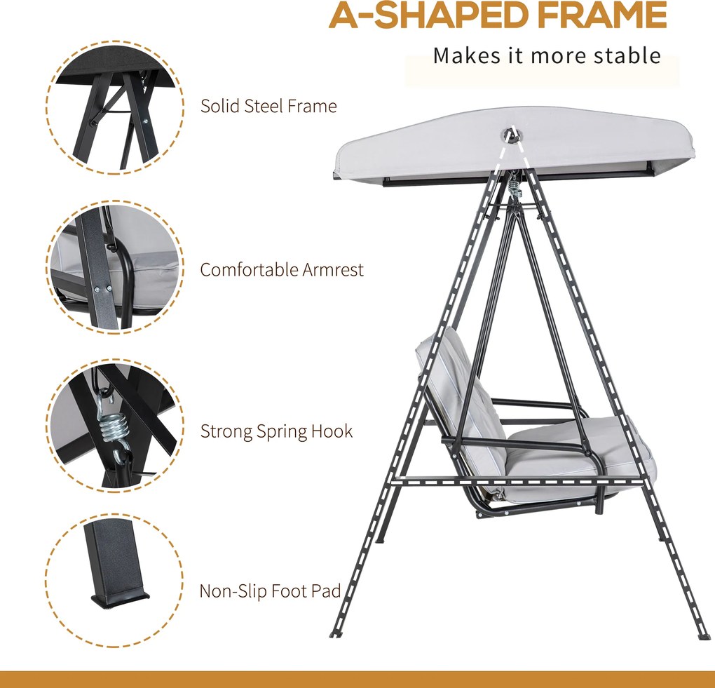 Outsunny Huśtawka Hollywood, 2-osobowa Huśtawka Ogrodowa z Regulowanym Daszkiem, Udźwig do 220 kg, 145 x 116 x 172 cm, Szara