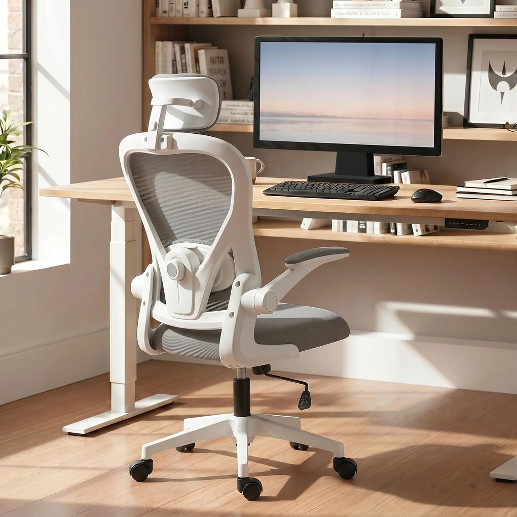 HOMCOM Fotel biurowy Ergonomiczny fotel biurkowy ze składanymi podłokietnikami, regulowanym podparciem lędźwiowym Szary | Aosom PL