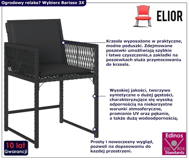 Czarne krzesła ogrodowe z poduszkami 4 szt. P6-D51