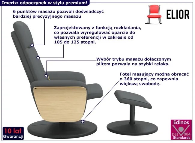 Ciemnoszary tapicerowany fotel z masażem - Dagma