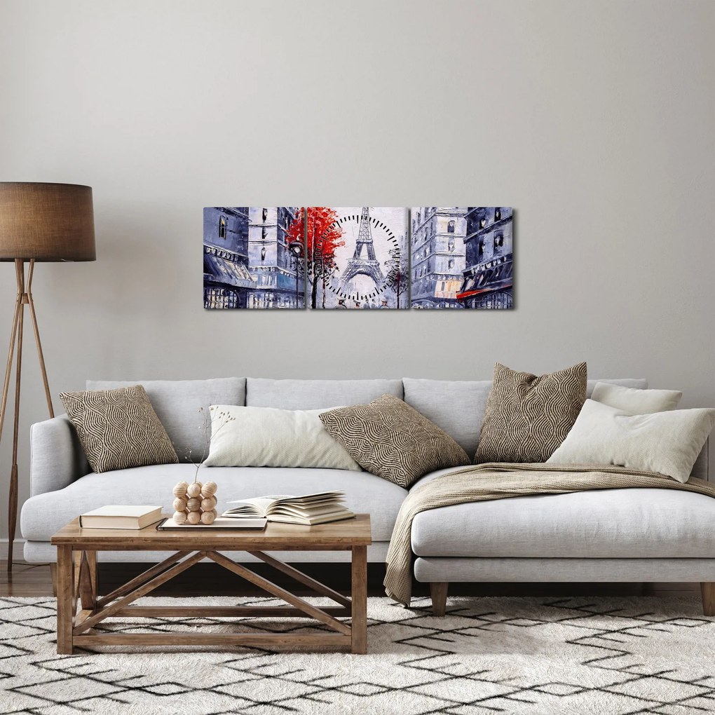 Obraz ulicy w Paryżu, obraz olejny (z zegarem) (90x30 cm)