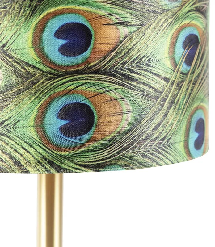 Lampa stołowa w stylu botanicznym z mosiężną podstawą i abażurem w kolorze pawia 25 cm - Simplo ArtDeco Oswietlenie wewnetrzne