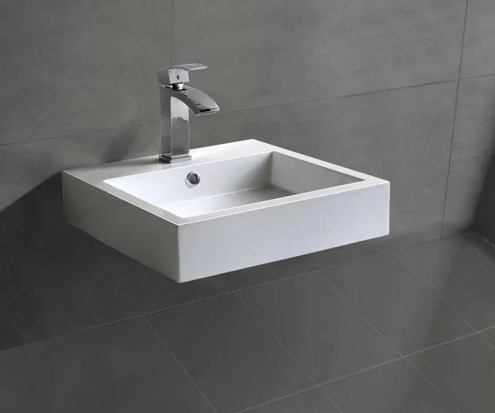 Umywalka ścienna nablatowa BS6050Odlew marmurowy - Błyszczący biały - 45 x 45 x 12,5 cm