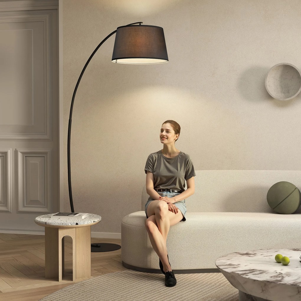 HOMCOM Lampa Stojąca z Abażurem z Tkaniny, Łukowa Lampa Podłogowa z Okrągłą Podstawą, Metal, 105L x 47S x 190W cm, Czarna