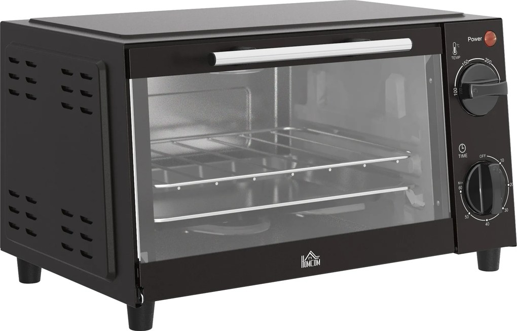 HOMCOM Mini-Piekarnik, 9 litrów pojemności, regulowana temperatura i czas pieczenia, z rusztem i blachą, czarny