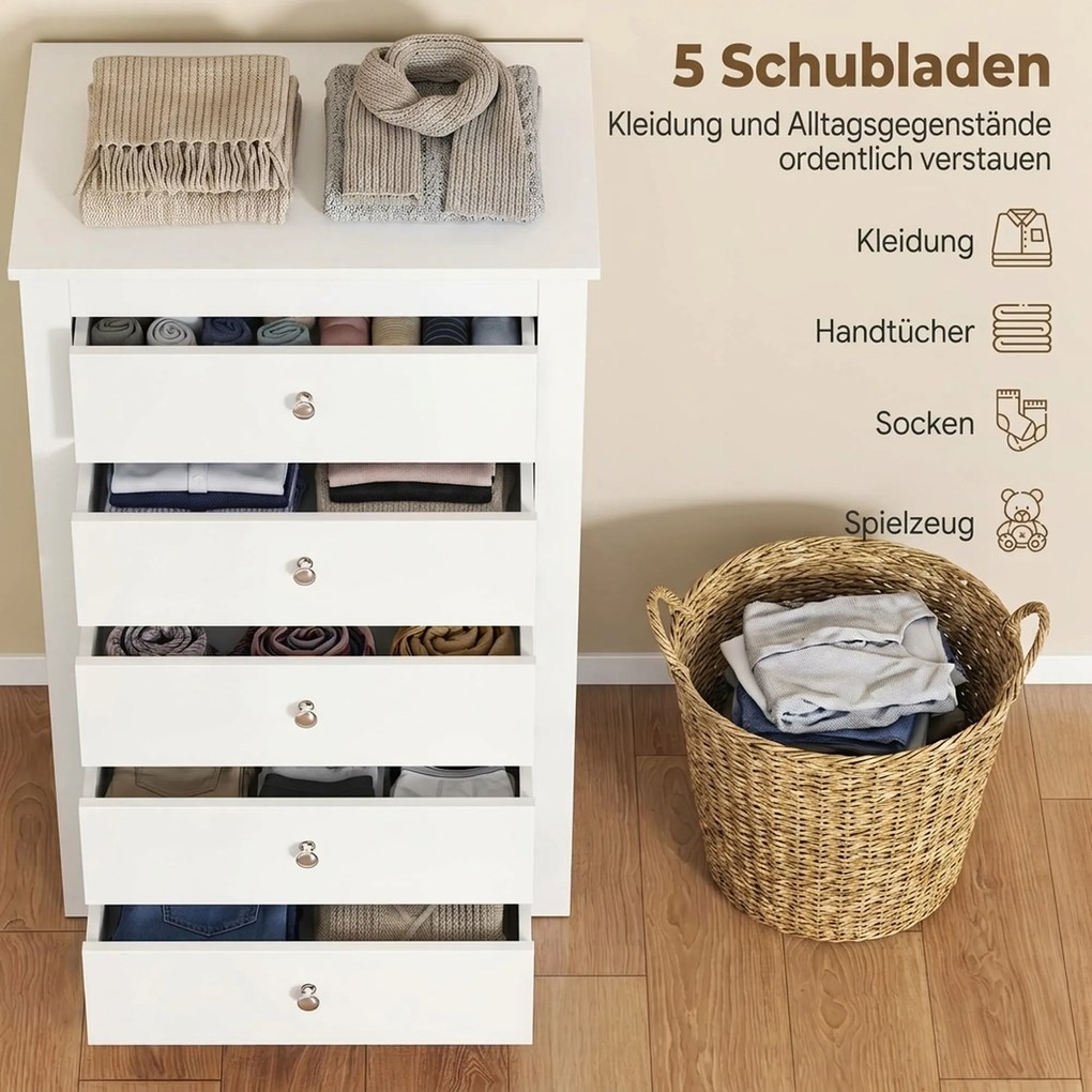 HOMCOM Komoda z 5 szufladami, mebel z łatwo wysuwającymi się prowadnicami do sypialni, 60 x 39,5 x 95,3 cm, Biały | Aosom PL