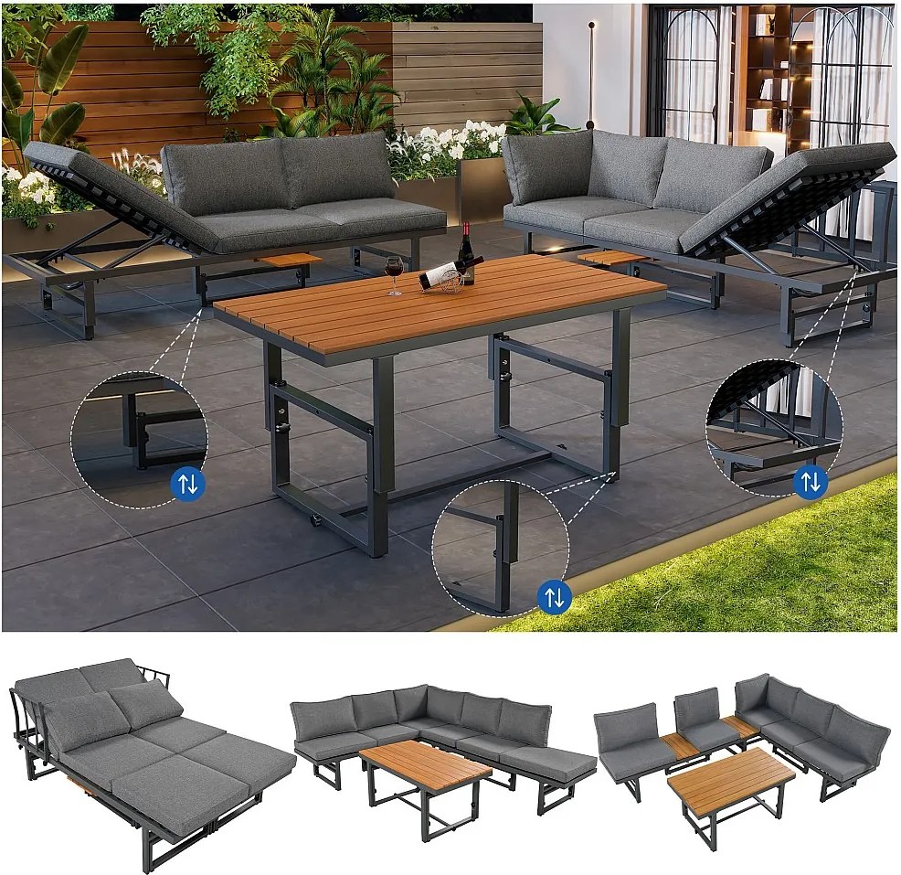 Zestaw mebli ogrodowych modułowych z ocynkowanego żelaza: 2 rozkładane sofy 3-osobowe + 1 stolik kawowy - Szary