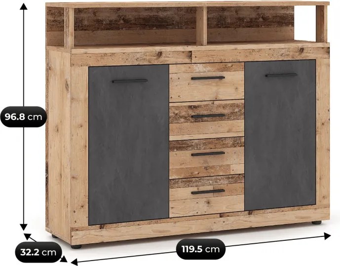 Komoda Dwudrzwiowa z Szufladami BLAGO MIDI B 119,5 cm Surowy Dąb/Grafit Loft