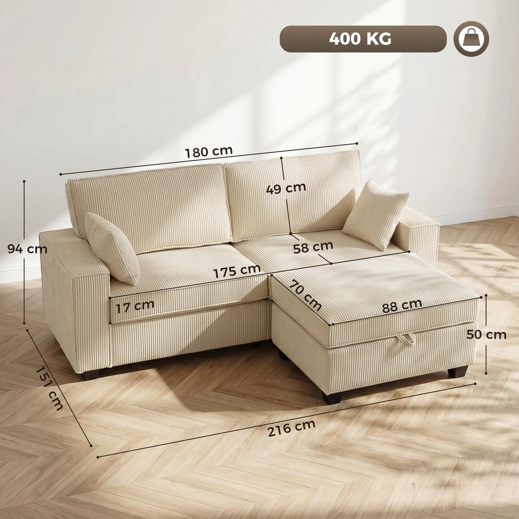 HOMCOM Narożnik z pufą z pojemnikiem, sztruks, 3-osobowy sofa w kształcie L z wypełnieniem sprężynowym, szerokie siedzisko, beżowy | Aosom PL