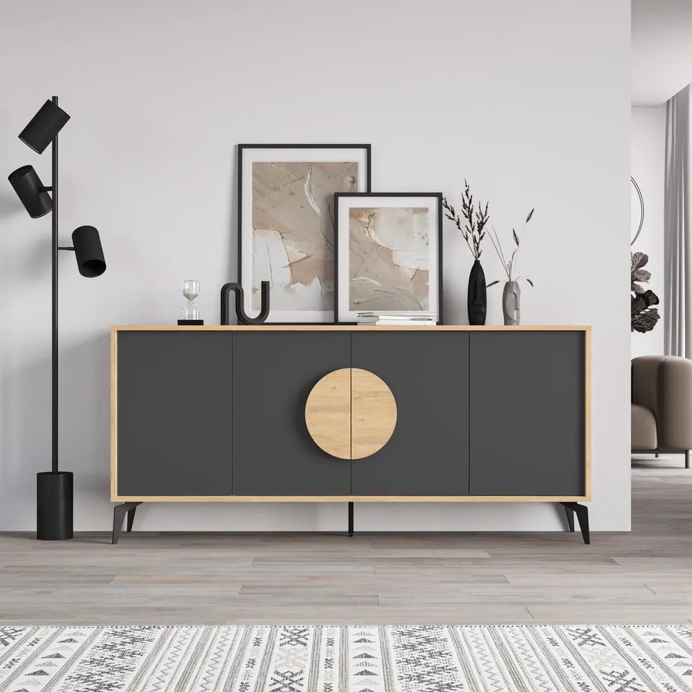 Czarna niska komoda w dekorze dębu 180x82 cm Vae – Marckeric