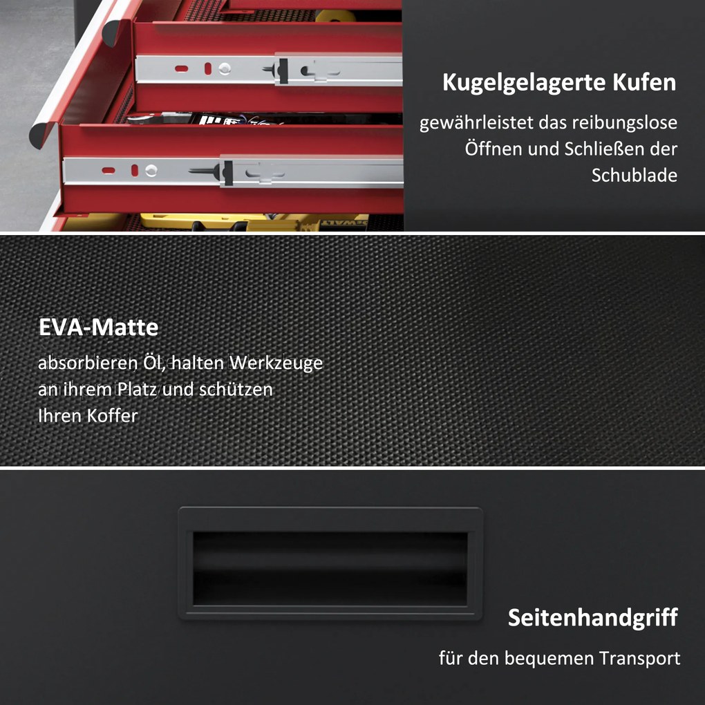 HOMCOM Mobilna szafka narzędziowa, stabilna z górną skrzynką narzędziową i szufladami, zamykana, metal, czarno-czerwona