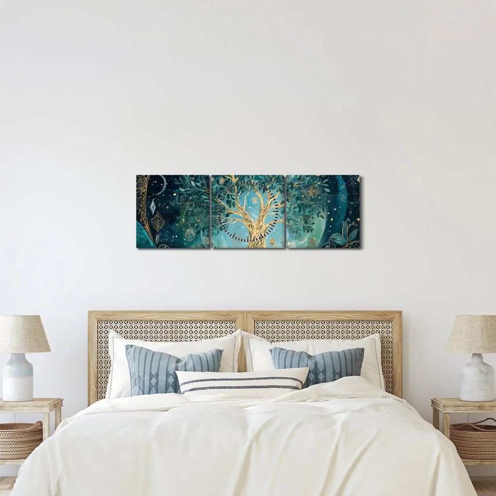 Obraz – Drzewo życia we wszechświecie (z zegarem) (90x30 cm)