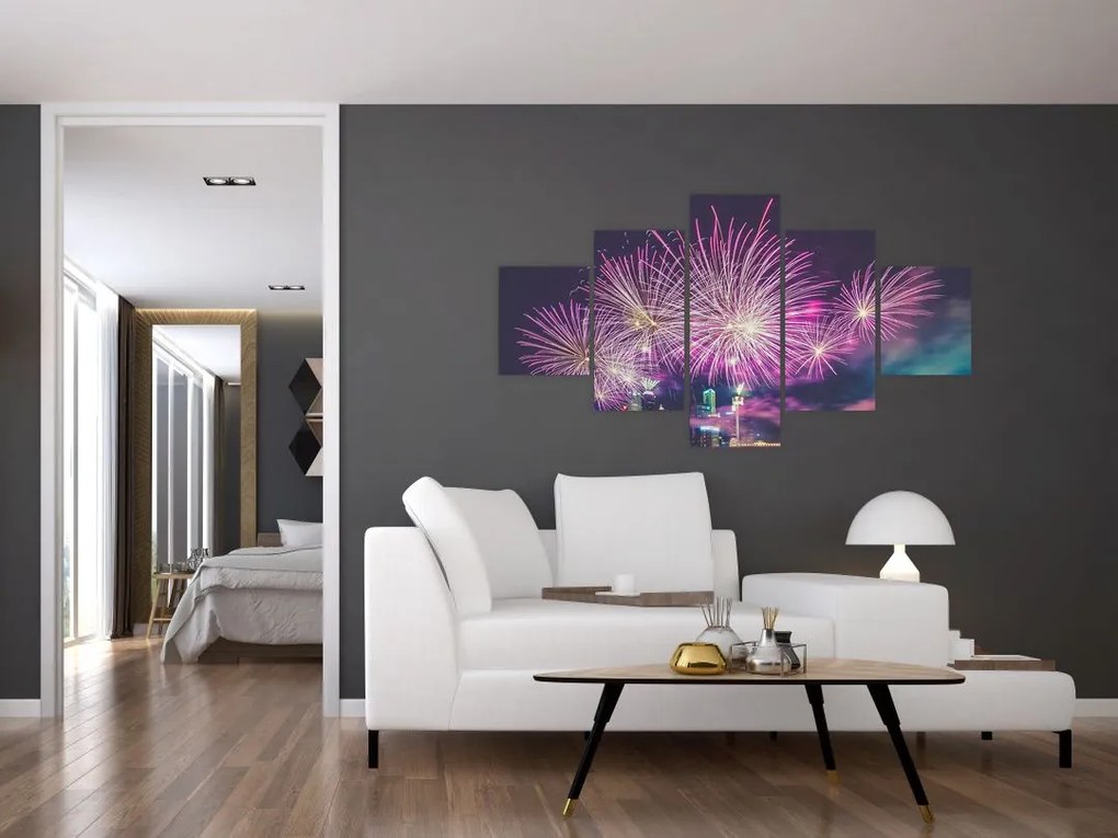 Obraz nocnego miasta z fajerwerkami (125x70 cm)