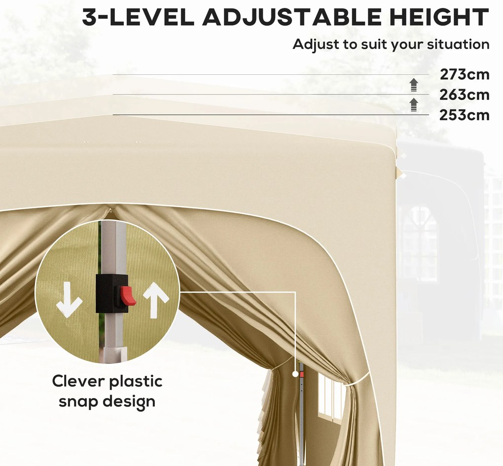Outsunny Pawilon 3 x 3 m, Składany Namiot Ogrodowy z Bocznymi Ścianami i Torbą, Ochrona UPF50+, Wysokość Regulowana, Piasek