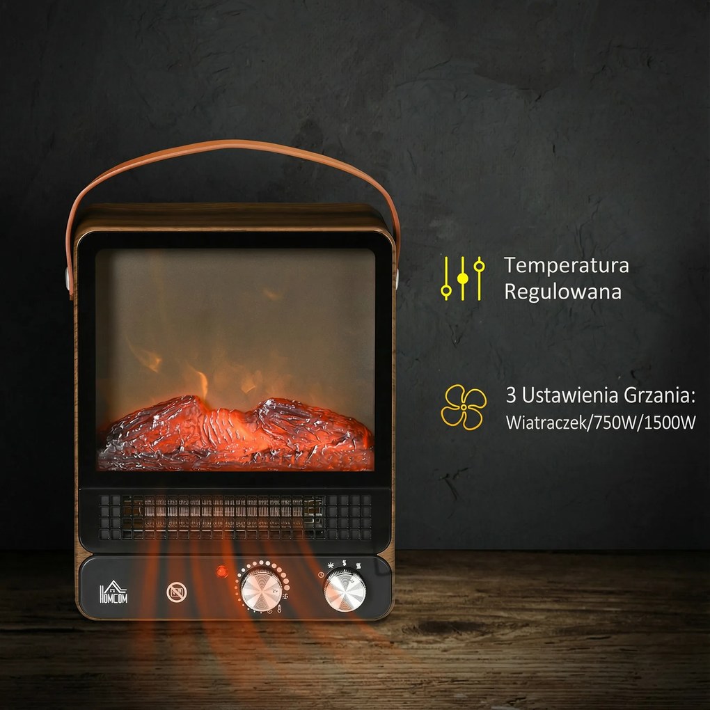 HOMCOM Elektrokamin, realistyczne ognisko, 2 tryby grzewcze do 50°C, zabezpieczenie przed przegrzaniem, wykończenie orzechowe, 30,3 x 17,5 x 37,4cm