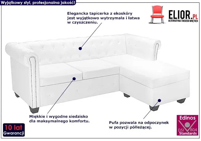 Narożnik z leżanką w stylu Chesterfield Xavier 4Q - biały