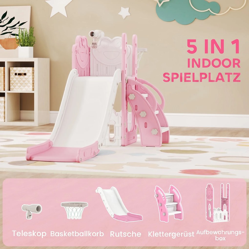 AIYAPLAY Zestaw zjeżdżalni 5-w-1, teleskop, kosz do koszykówki, HDPE, tworzywo sztuczne, Różowy+Biały | Aosom PL