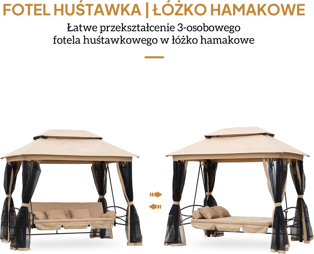 Outsunny Huśtawka ogrodowa 3-osobowa z moskitierą i daszkiem przeciwsłonecznym beżowa | Aosom PL