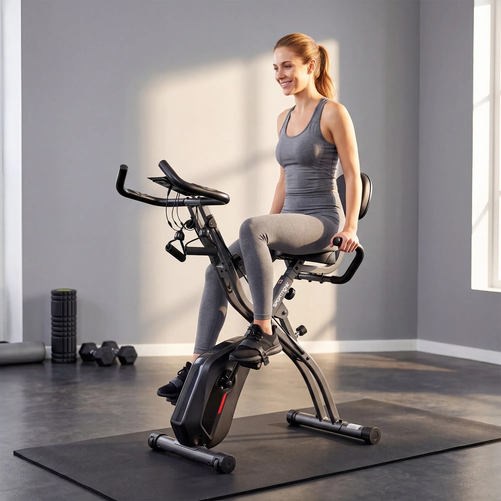 SPORTNOW Rower treningowy 3 w 1 Składany Cichy Leżący ergometr z monitorem LCD Bluetooth Czujnik tętna Taśmy oporowe | Aosom PL