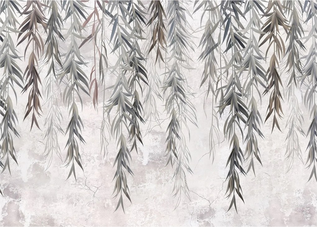 Obraz na szkle - Gałązki wierzby w szarym tynku (70x50 cm)