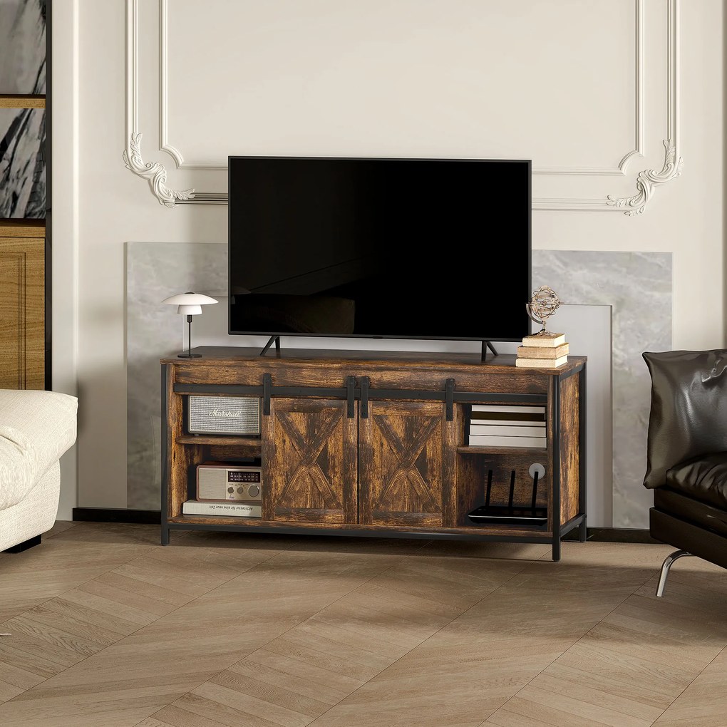 HOMCOM Niski stolik pod TV, design industrialny, na telewizory do 60'', 6 przegródek, 2 drzwi przesuwne, Brąz/Czarny