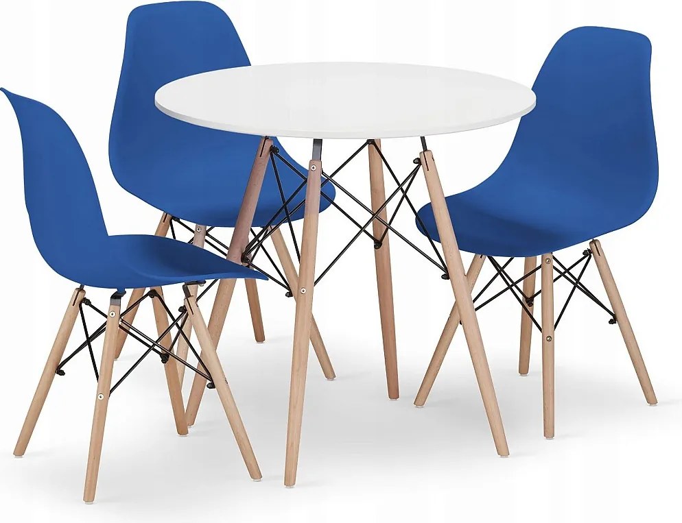 Valora KOVA Okrągły Stół Ø80 Biały + 3 Krzesła OSAKA Niebieskie