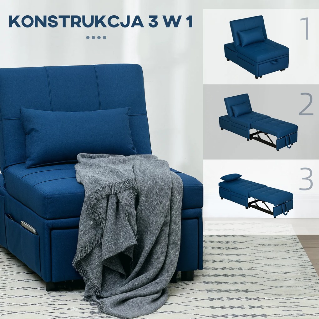 HOMCOM 3-w-1 Rozkładany fotel z boczną kieszenią, łóżko gościnne z poduszką, regulowane oparcie, fotel do spania na kółkach, niebieski