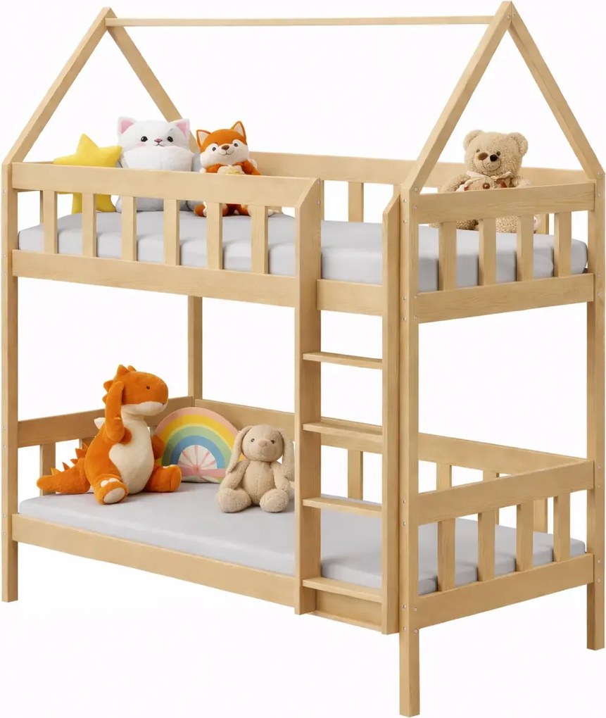 Drewniane dziecięce łóżko piętrowe domek, sosna R7-G86