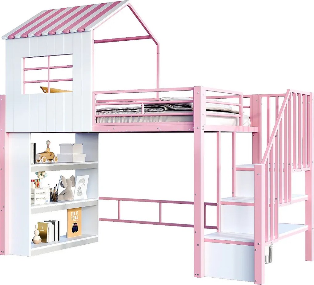Metalowe łóżko piętrowe dla dzieci - 90 x 200 cm - styl domku - z półką do przechowywania i drabinką - płyta MDF i metal - różowe