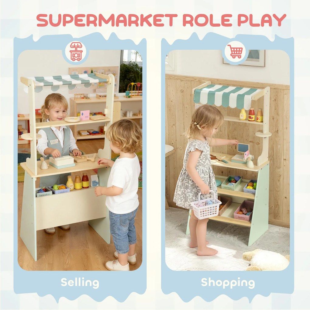 AIYAPLAY Stoisko supermarketowe dla dzieci, kasa do zabawy, 34 akcesoria, MDF, zielony
