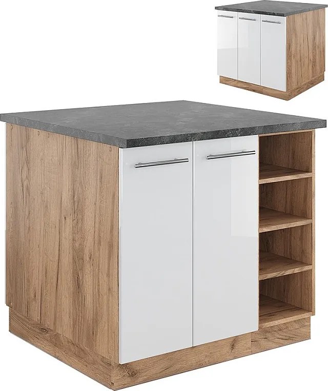 Wyspa kuchenna biały wysoki połysk/złoty dąb power 90x60x82 fame-line