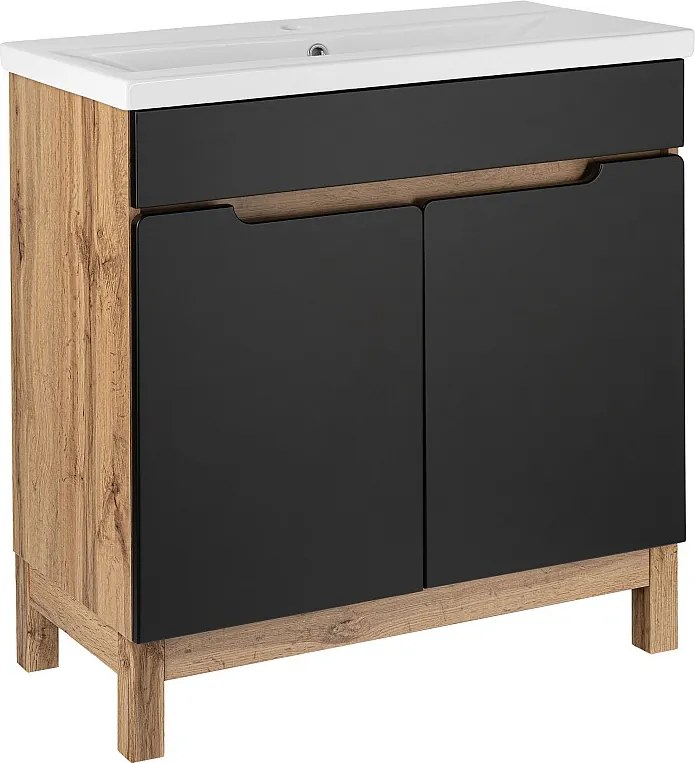 Zestaw Łazienkowy Stojący Szafka z Umywalką 80cm Dąb Wotan / Czarny Alma 2D