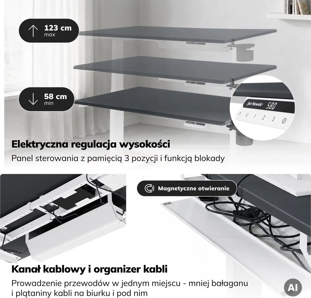 Biurko do pracy z regulacją wysokości Aria 120×60 cm, blat antracyt / podstawa biała