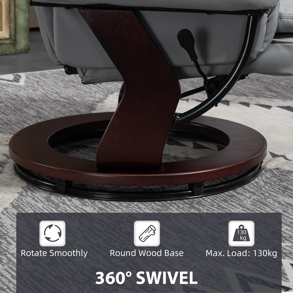 HOMCOM Fotel relaksacyjny z podnóżkiem, obrotowy, z regulowaną oparciem, w wyglądzie skóry, do 130 kg, Szary