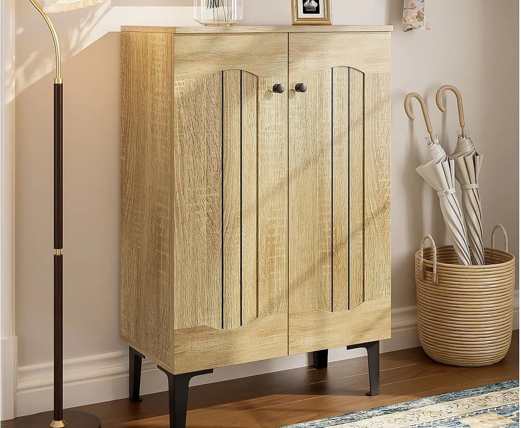 Nowoczesna szafa na buty 60x31,5x95 cm - 2 fronty - Wielopoziomowe półki - Płyty wiórowe - Kolor naturalny