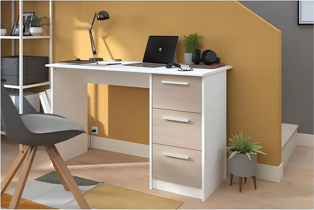 Biurko z 3 szufladami w dekorze dębu i białym, Essentiel, Wyprodukowane we Francji - Parisot