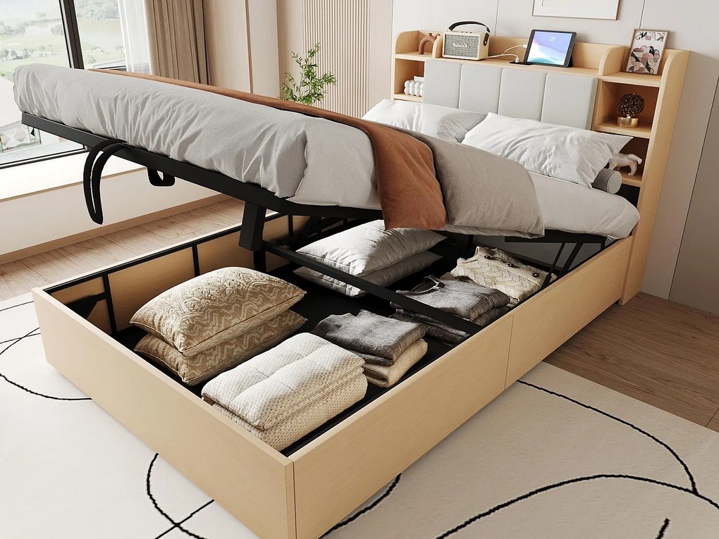 Łóżko z pojemnikiem z drewna 140×200 cm - zagłówek ze schowkiem - z portami USB + Type-C - naturalne (materac nie jest dołączony)