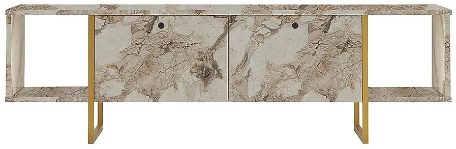 Szafka RTV 2 pary drzwiczek i 2 półki - Imitacja białego marmuru i złoty - DERANA