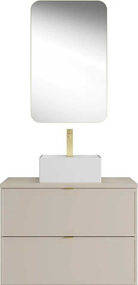 Wisząca szafka łazienkowa z kwadratową umywalką nablatową, baterią i lustrem – Beżowa – 80 cm – ONDIL