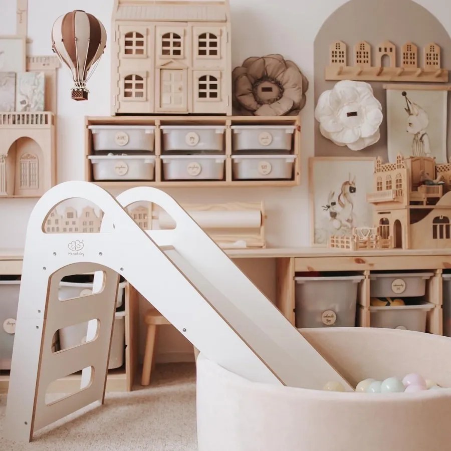 Drewniana zjeżdżalnia dla dziecka do pokoju 87x46cm montessori, biała - meowbaby®