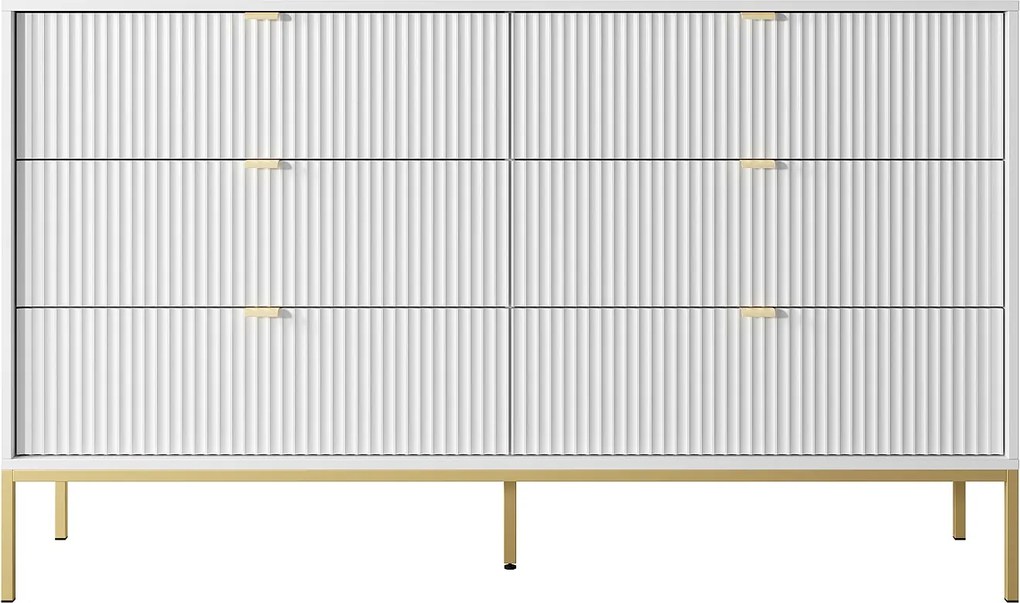 Komoda: 6 szuflad, biała, złote nóżki, 154 x 39 x 83 cm, złote uchwyty