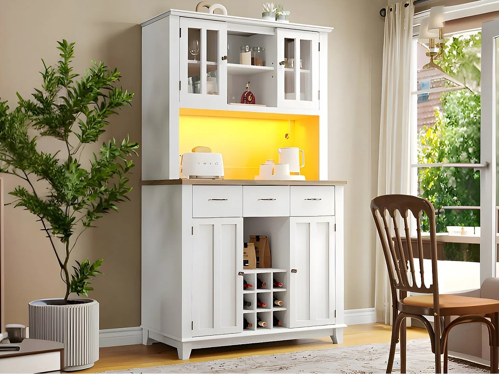 Witryna, Bufet kuchenny z LED - Wysokość 180 cm - duża przestrzeń do przechowywania - Biały